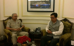 The Governor of Arunachal Pradesh Lt. Gen (Retd) Nirbhay Sharma with the Union Minister of State for Home Affairs, Shri Kiren Rijiju in New Delhi on 8th October 2014